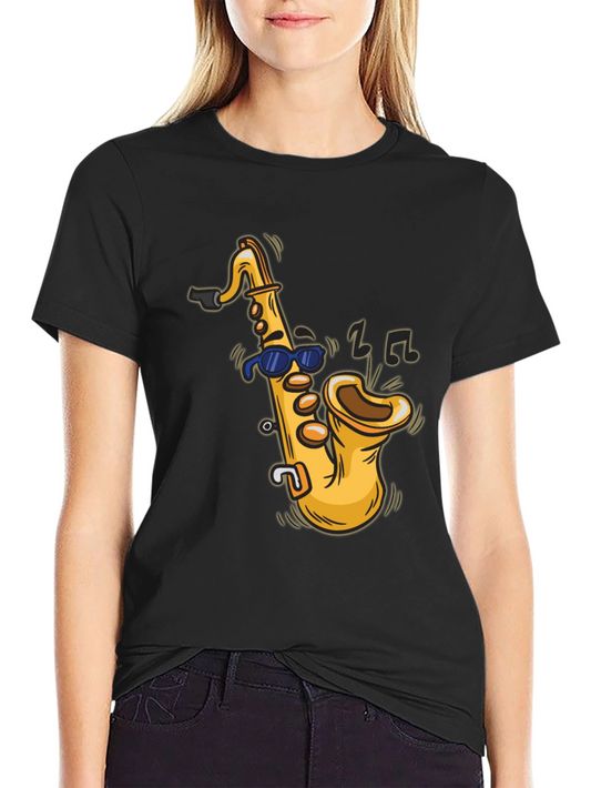 Cool Saxophone Cartoon Black T-Shirt