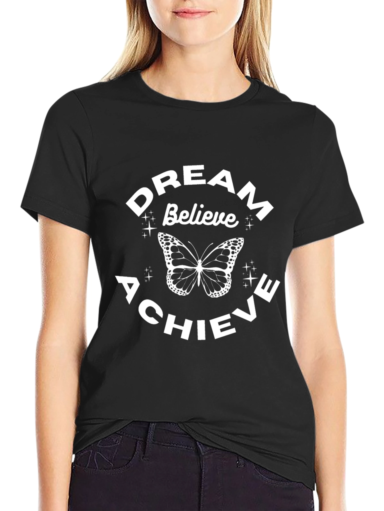 Dream Believe Achieve Butterfly Black T-Shirt